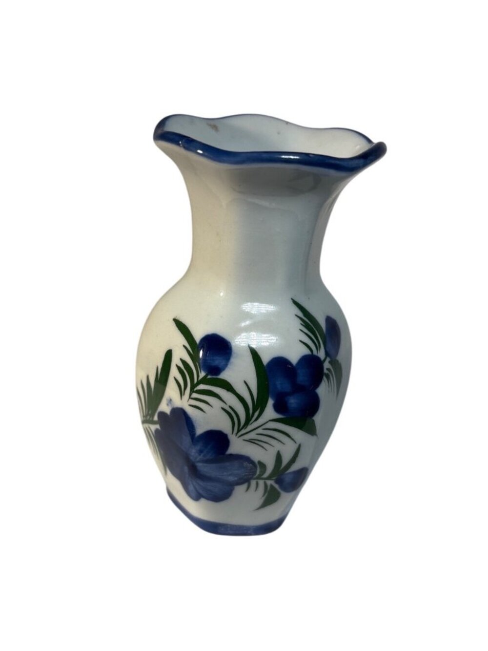 Ceramic Bud Vase With Blue Floral Design Vintage Style Hand Painted White 4" Tal